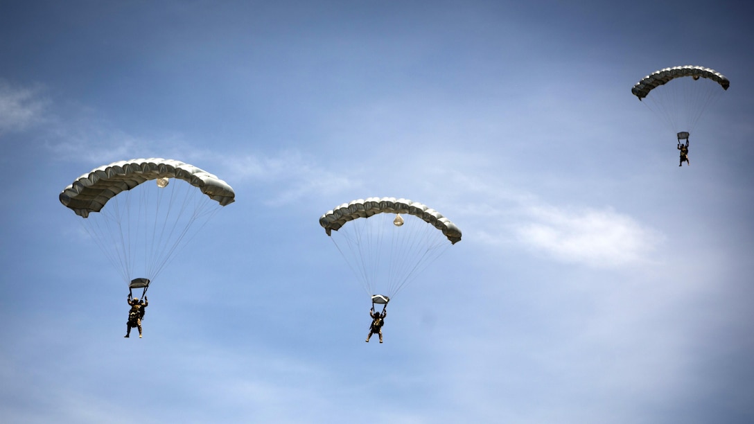 Paratroopers from multiple nations glide to the landing zone after jumping out of a KC-130J from Special-Purpose Marine Air-Ground Task Force Crisis Response-Africa during Exercise Lone Paratrooper at León Air Base, Spain, May 18, 2015. The exercise integrated paratroopers from different countries to simultaneously conduct High Altitude Low Opening and High Altitude High Opening jumps.