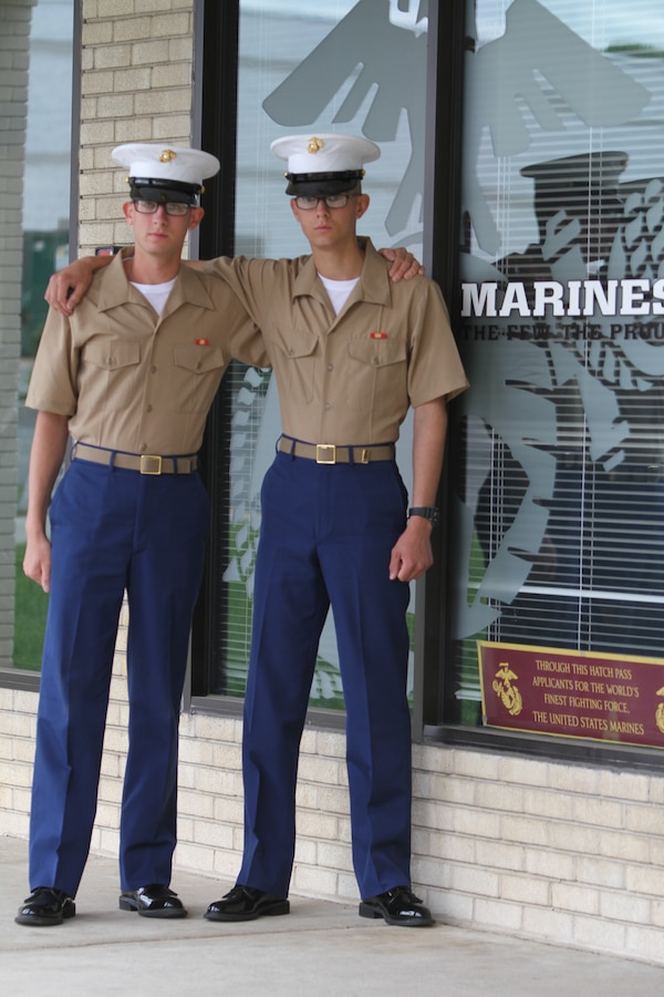 Nathan (right) and Michael (left)  Wilson graduated recruit training on May 8 at Marine Corps Recruit Depot Parris Island, South Carolina, stand outside the Recruiting Substation York office where their journey to earn the title Marine began more than a year ago. Nathan departed for recruit training almost a month before Michael, but due to being hospitalized with pneumonia, he ended up in the same company and graduating on the same day. 