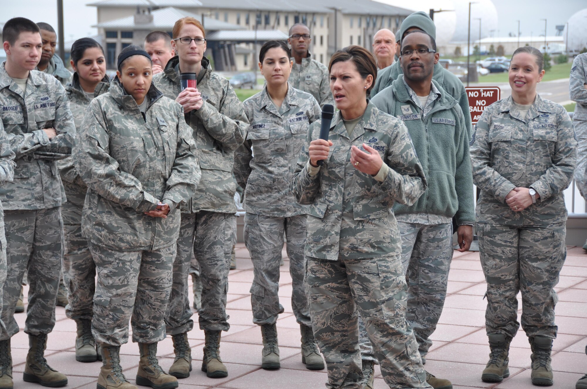 Chief Master Sgt. Ruthe Flores, Air Reserve Personnel Center command chief, speaks during an enlisted call held at the ARPC headquarters building May 21, 2015, on Buckley Air Force Base, Colo. (U.S. Air Force photo/Tech. Sgt. Rob Hazelett)