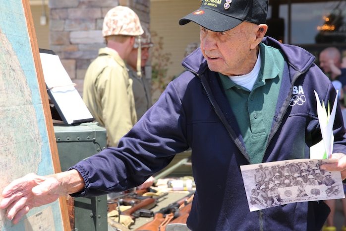 Camp Pendleton and Iwo Jima Monument West hosted an event to raise awareness for Iwo Jima veterans at the Pacific Views Event Center here, May 22. Nine veterans of the Battle of Iwo Jima were in attendance to recount their tales of the historic amphibious landing, the raising of the flag atop Mount Suribachi and the days that followed.