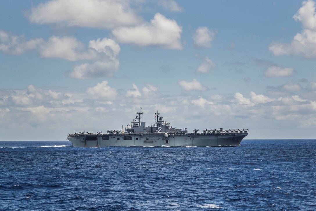 The USS Essex (LHD 2) makes her way through the Pacific Ocean, May 16, 2015. The Essex is deployed as part of the Essex Amphibious Ready Group. (U.S. Marine Corps photo by Sgt. Emmanuel Ramos/Released)