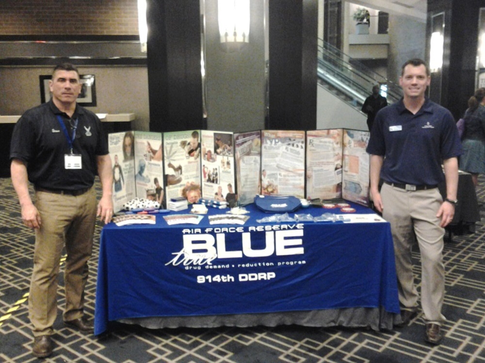 Niagara Falls Air Reserve Station Airmen Captain Brian Haun and SMSgt Mal
Brown participate in a Yellow Ribbon Event held in New Orleans, La. on xx -
xx April, 2015. Haun was the Human Resources representative and Brown was a
Drug Demand and Reduction Program resource provider for more than 350
members and family.  The Yellow Ribbon program is a series of events
designed to provide military members and families with essential pre- and
post-deployment resources. (Courtesy photo)