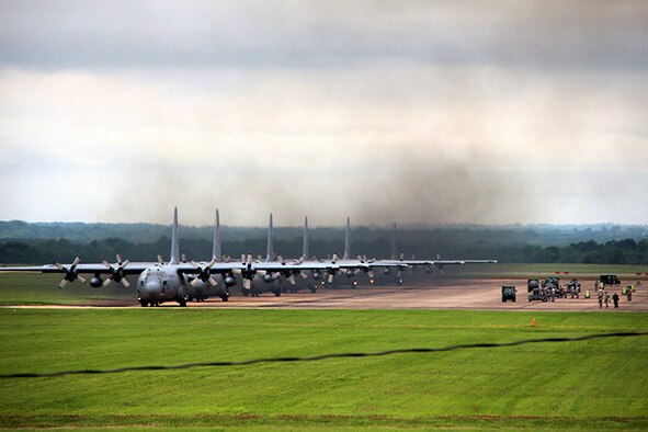 Six C-130sof the 908th Airlift Wing prepare for takeoff inthe  successful culmination of an aircraft generation and mass launch exercise. (Courtesy photo by David Kindred)