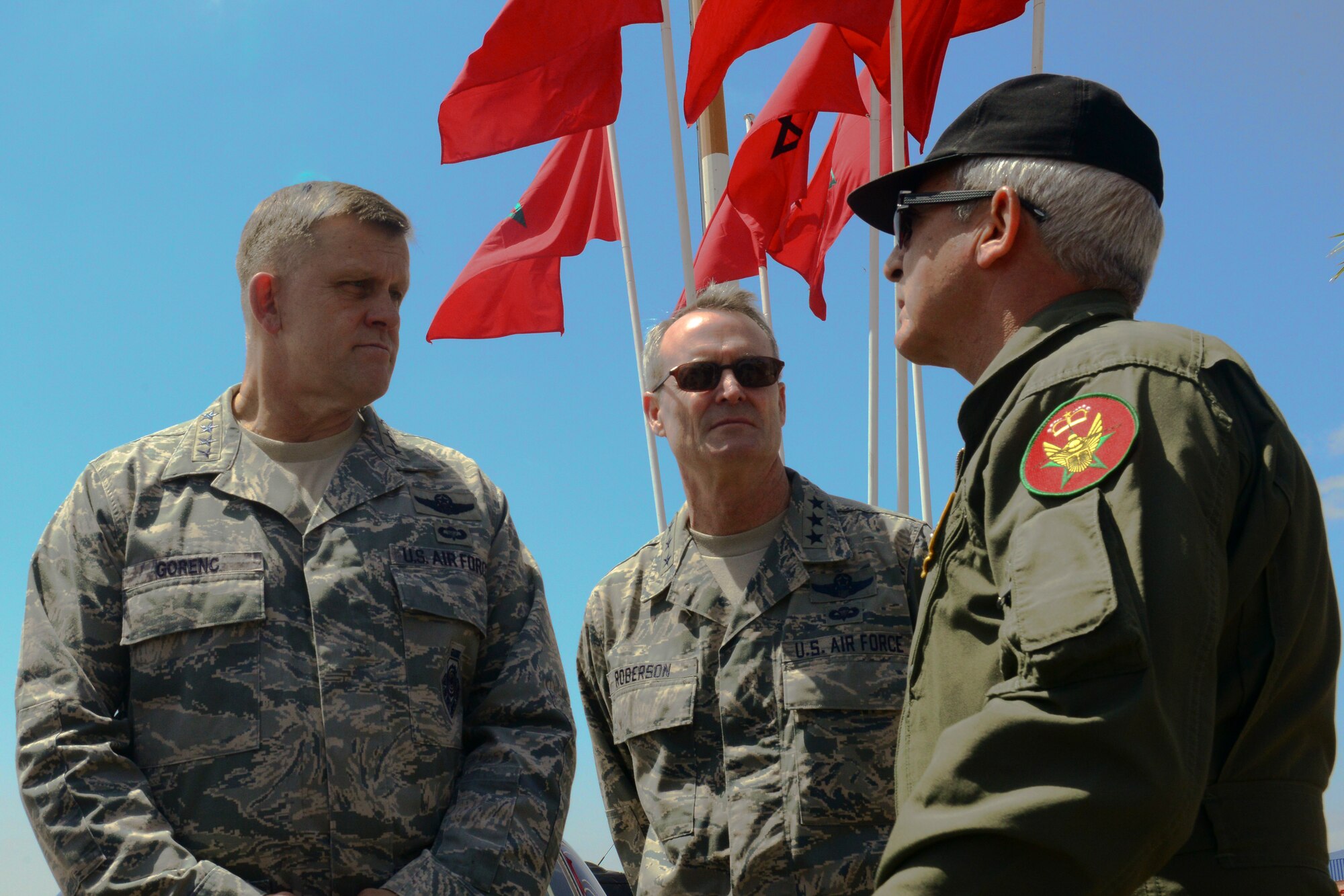 U.S. Air Force Gen. Frank Gorenc, United States Air Forces in Europe – Air Forces Africa commander, speaks with Airmen at Ben Guerir Air Base, Morocco, May 20, 2015. Gorenc talked about continued innovation and building partnerships with allies. The Airmen are part of Exercise African Lion. African Lion is the largest Department of Defense exercise in Africa and this marks the first year the U.S. Air Force has participated. (U.S, Air Force photo by Staff Sgt. Eboni Reams/Released)