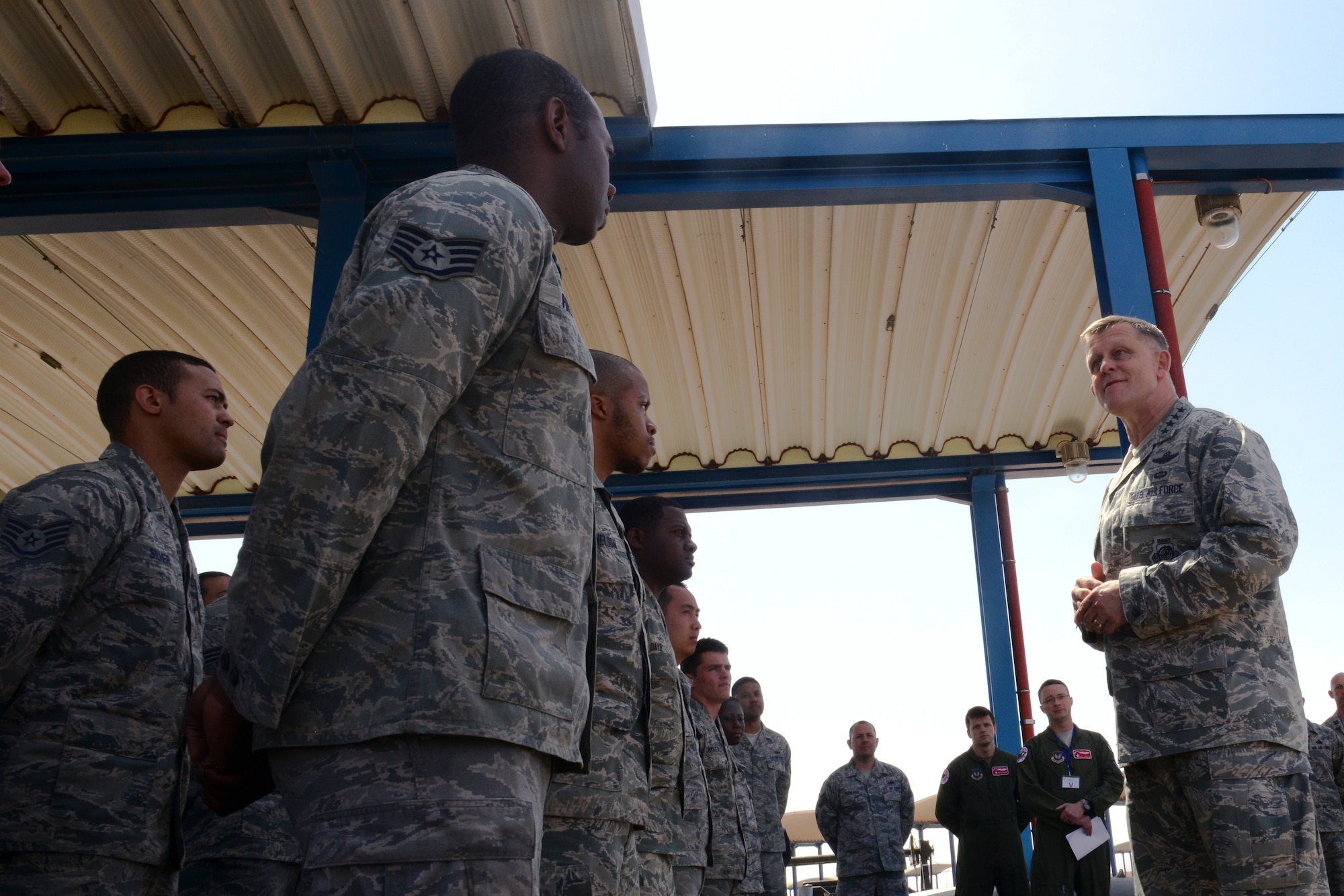 U.S. Air Force Gen. Frank Gorenc, United States Air Forces in Europe – Air Forces Africa commander, speaks with Airmen at Ben Guerir Air Base, Morocco, May 20, 2015. Gorenc talked about continued innovation and building partnerships with allies. The Airmen are part of Exercise African Lion. African Lion is the largest Department of Defense exercise in Africa and this marks the first year the U.S. Air Force has participated. (U.S, Air Force photo by Staff Sgt. Eboni Reams/Released)