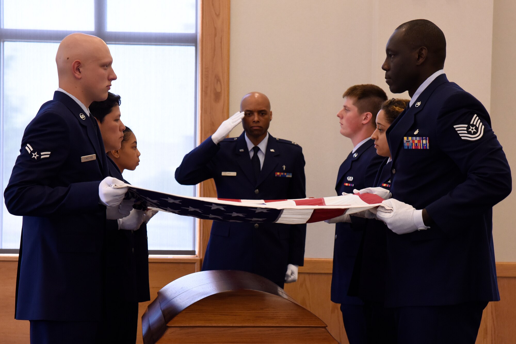 Airmen of the 127th Wing Honor Guard participate in a training course at Selfridge Air National Guard Base, Mich., May 15, 2015. The Selfridge Honor Guard renders final honors at the funerals of about 300 Air Force veterans every year in the Detroit area. The honor guard also participates in many military ceremonies on the base and in the community every year. (U.S. Air National Guard photo by Terry Atwell)