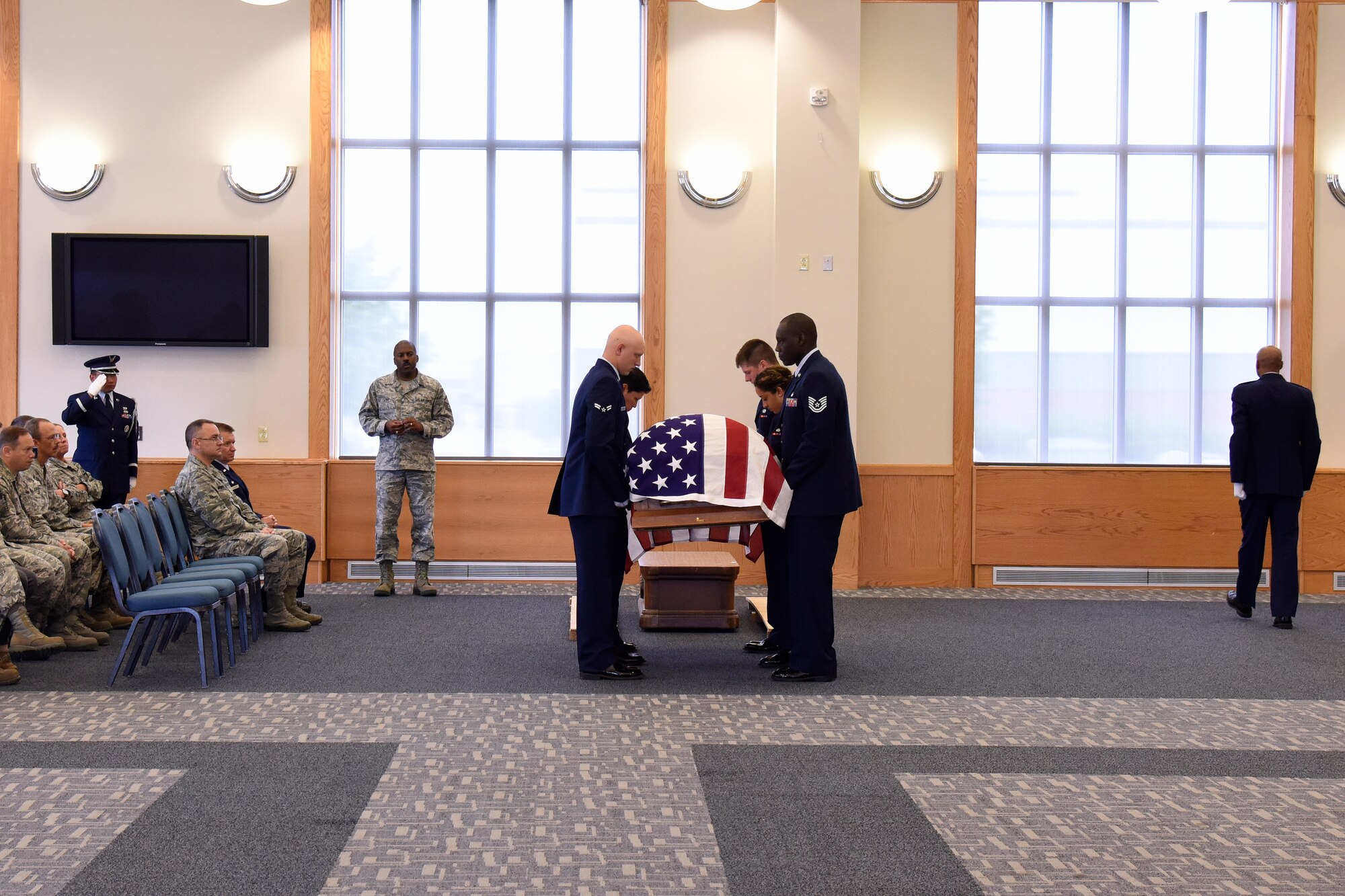 Airmen of the 127th Wing Honor Guard participate in a training course at Selfridge Air National Guard Base, Mich., May 15, 2015. The Selfridge Honor Guard renders final honors at the funerals of about 300 Air Force veterans every year in the Detroit area. The honor guard also participates in many military ceremonies on the base and in the community every year. (U.S. Air National Guard photo by Terry Atwell)