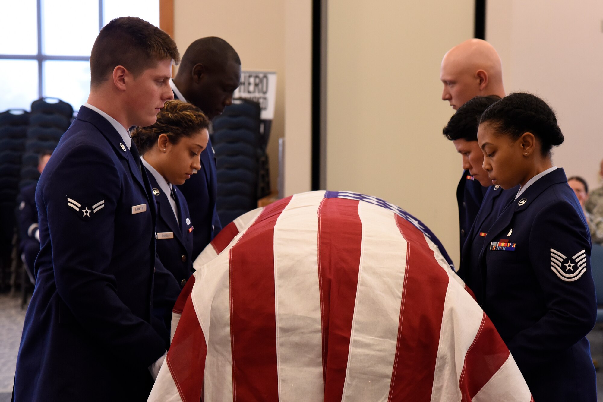 Airmen of the 127th Wing Honor Guard participate in a training course at Selfridge Air National Guard Base, Mich., May 15, 2015. The Selfridge Honor Guard renders final honors at the funerals of about 300 Air Force veterans every year in the Detroit area. The honor guard also participates in many military ceremonies on the base and in the community every year. (U.S. Air National Guard photo by Terry Atwell)