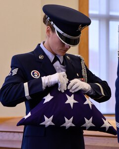 Airmen of the 127th Wing Honor Guard participate in a training course at Selfridge Air National Guard Base, Mich., May 15, 2015. The Selfridge Honor Guard renders final honors at the funerals of about 300 Air Force veterans every year in the Detroit area. The honor guard also participates in many military ceremonies on the base and in the community every year. (U.S. Air National Guard photo by Terry Atwell)