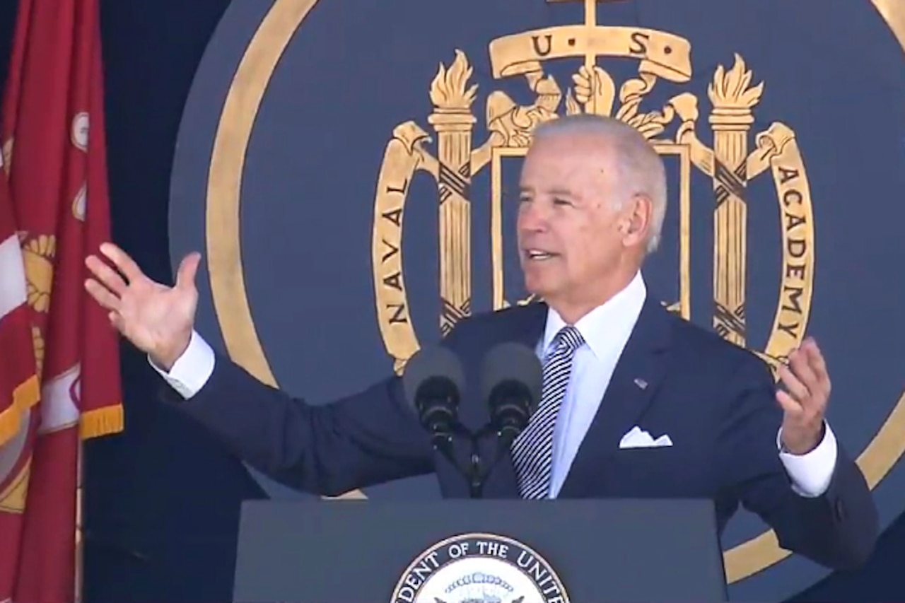 Vice President Joe Biden delivers the commencement address at the U.S. Naval Academy in Annapolis, Md., May 22, 2015. DoD screen shot