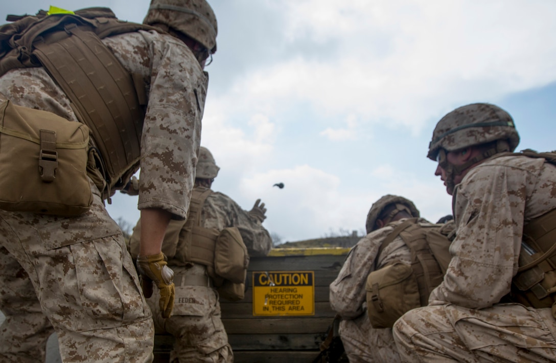A Marine throws an M69 practice grenade into a trench during a company-sized assault on Range 10 during Operation Lava Viper at Pohakuloa Training Area, Hawaii, May 21, 2015.