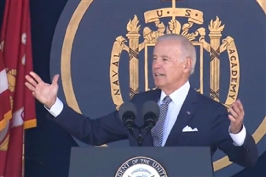 Vice President Joe Biden delivers the commencement speech at the U.S. Naval Academy in Annapolis, Md., May 22, 2015.