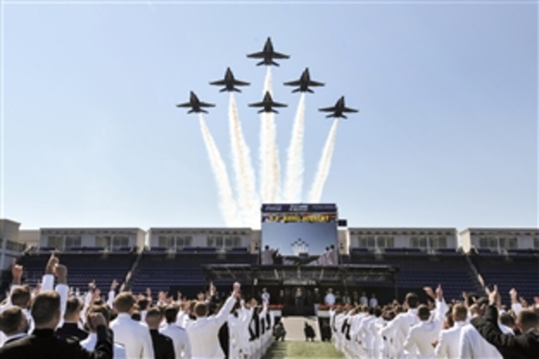 The U.S. Navy flight demonstration squadron, the Blue Angels, perform a flyover during a graduation and commissioning ceremony for the U.S. Naval Academy's Class of 2015 in Annapolis, Md., May 22, 2015. In this year’s class, 1,070 men and women, including 790 Navy ensigns and 264 Marine Corps second lieutenants, graduated.