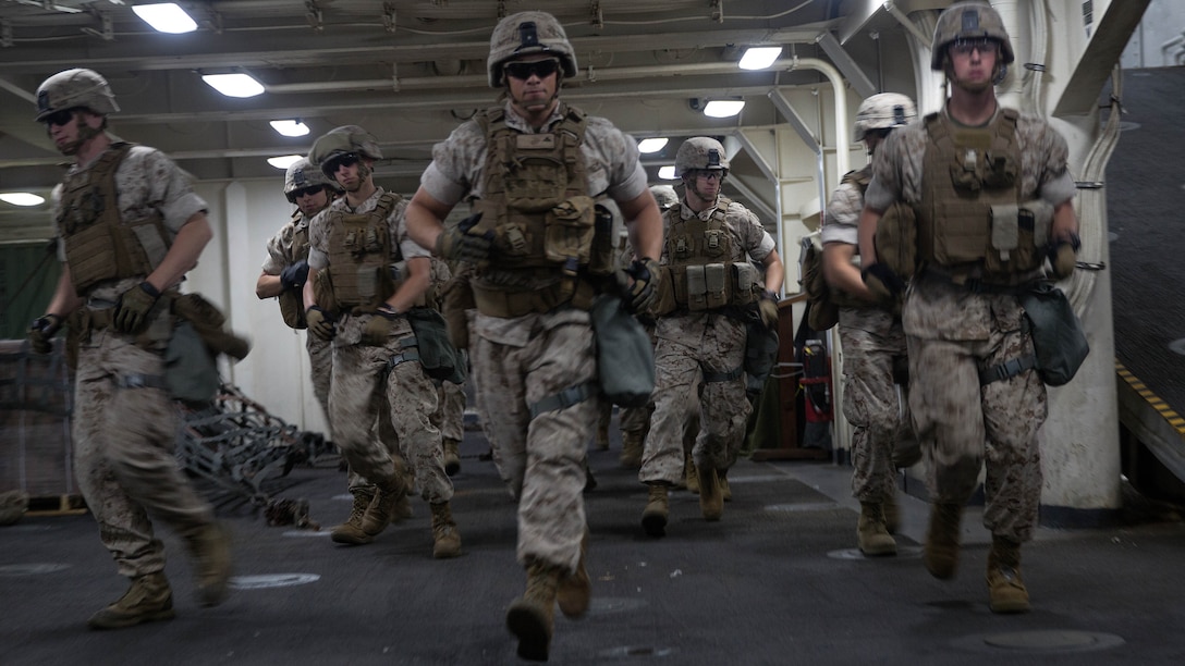 Marines with 2nd Platoon, Charlie Company, 1st Battalion, 6th Marines Regiment practice insertion and extraction drills aboard the USS San Antonio LPD May 19, 2015.  The company will be participating in Fleet Week New York, New York to showcase what Marines and joint services have to offer in defense support. 