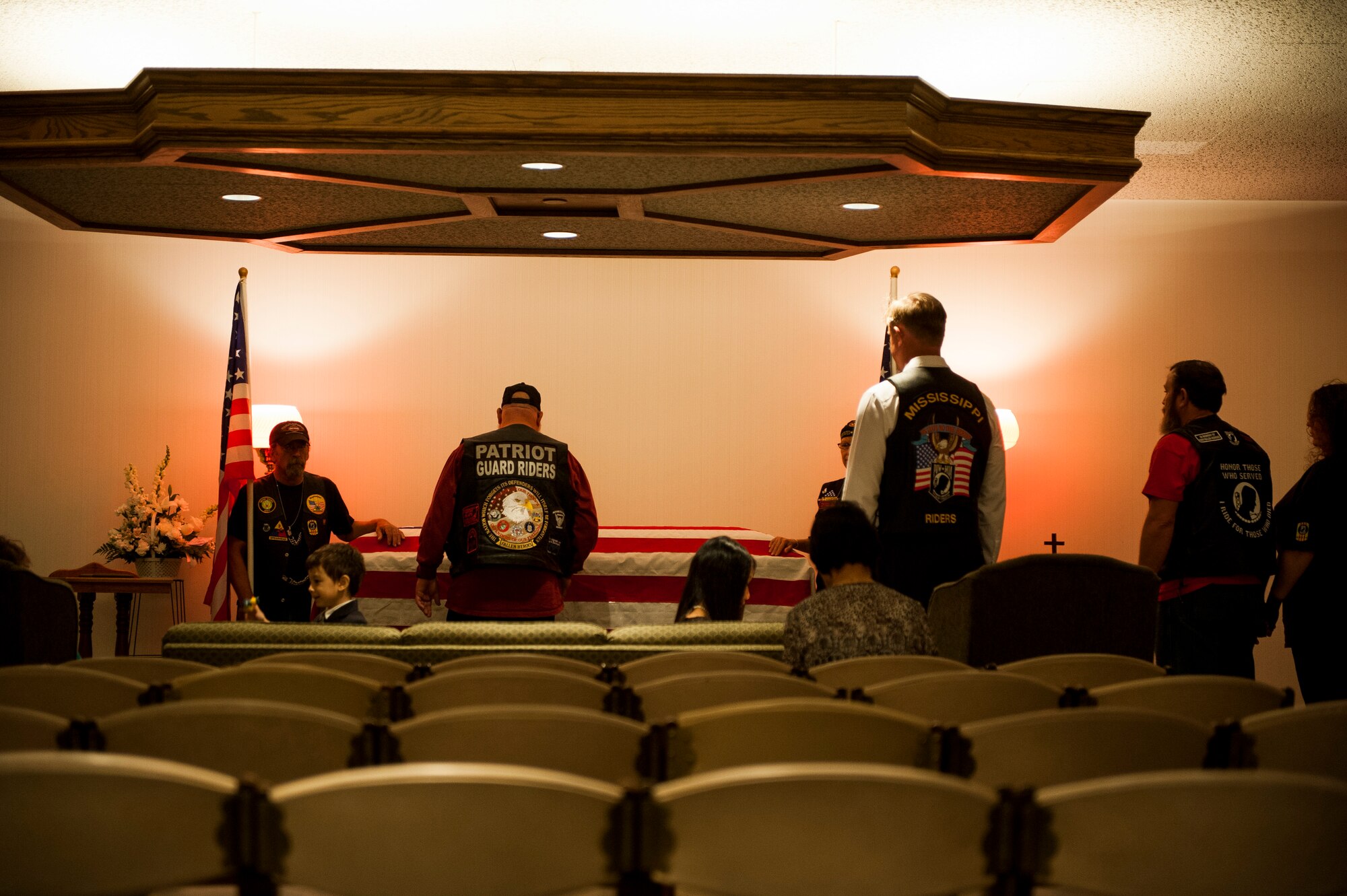 Members of the Patriot Guard Riders pay their respects to Tech. Sgt. Louis Clever May 22, 2015, at the Kutis Funeral Home, St. Louis, Missouri. Riders came from Missouri, Illinois and Alabama to support the Clever family. (U.S. Air Force photo by Staff Sgt. Clayton Lenhardt/Released)