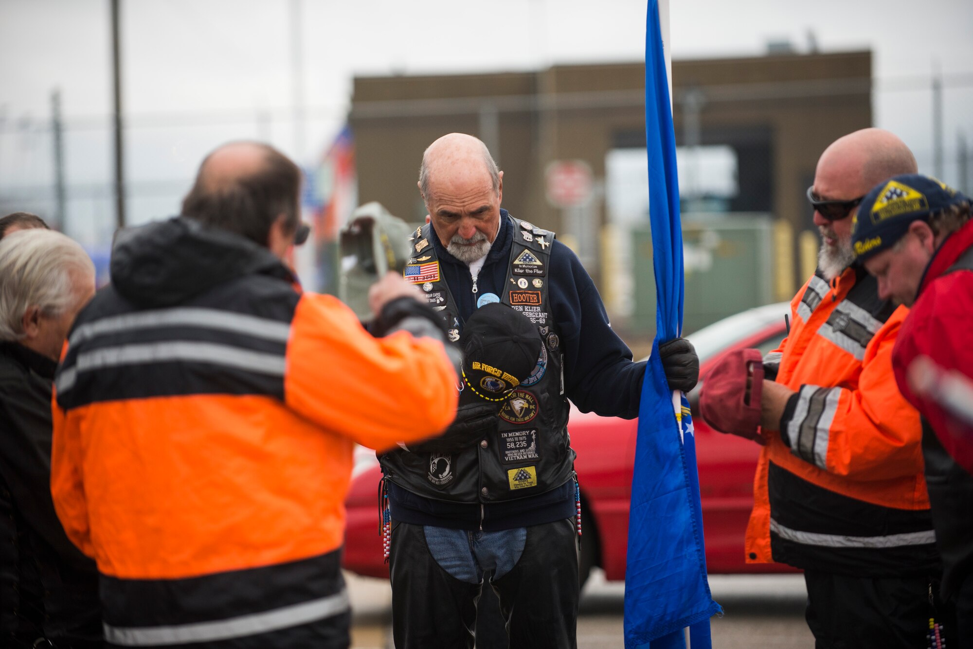 Members of the Patriot Guard Riders wait for the arrival of Tech. Sgt. Louis Clever's remains May 20, 2015, at Lambert–St. Louis International Airport, Missouri. Clever passed when his plane went down over Laos in 1969. (U.S. Air Force photo by Staff Sgt. Clayton Lenhardt/Released)
