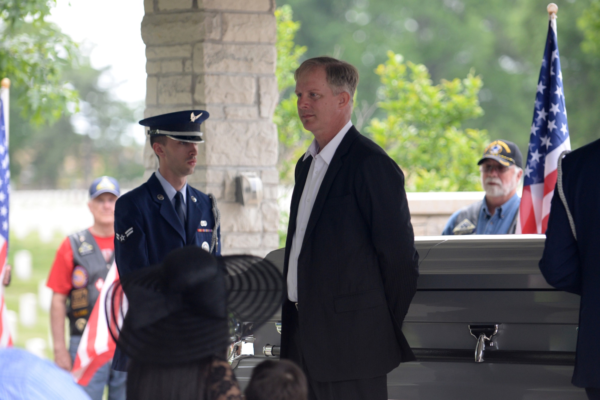 Paul Clever, son of Tech. Sgt. Louis Clever, says his final remarks about his father at his funeral at Jefferson Barracks National Cemetery, St. Louis, Missouri, May 22, 2015. Tech. Sgt. Louis Clever served and died in the Vietnam War. His remains were just found and identified recently by Paul Clever. (U.S. Air Force Photo by Airman 1st Class Megan Friedl)