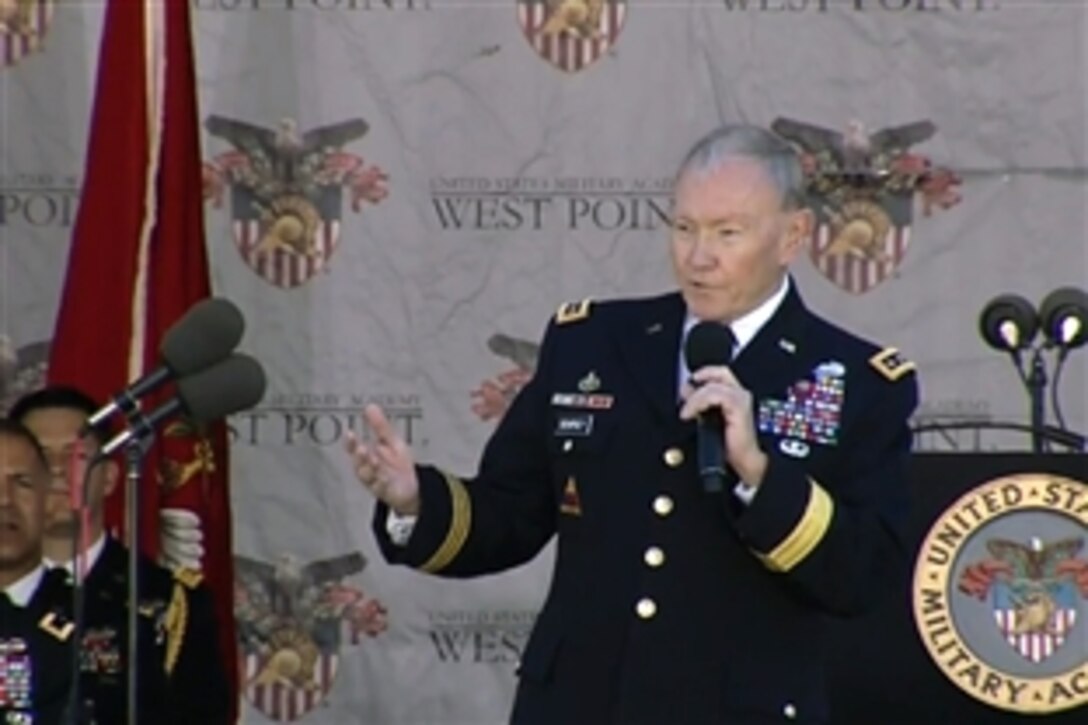 Army Gen. Martin E. Dempsey, chairman of the Joint Chiefs of Staff, delivers the commencement address at the U.S. Military Academy at West Point, N.Y., May 23, 2015. Dempsey graduated from the academy in 1974.