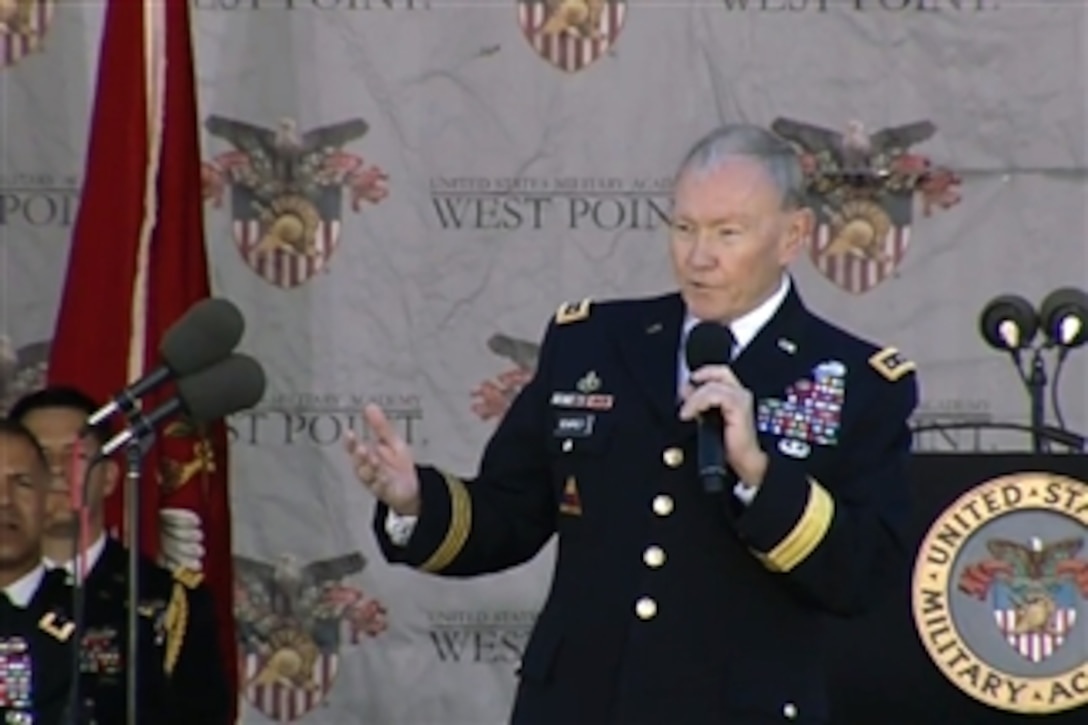 Army Gen. Martin E. Dempsey, chairman of the Joint Chiefs of Staff, delivers the commencement address at the U.S. Military Academy at West Point, N.Y., May 23, 2015. Dempsey graduated from the academy in 1974.