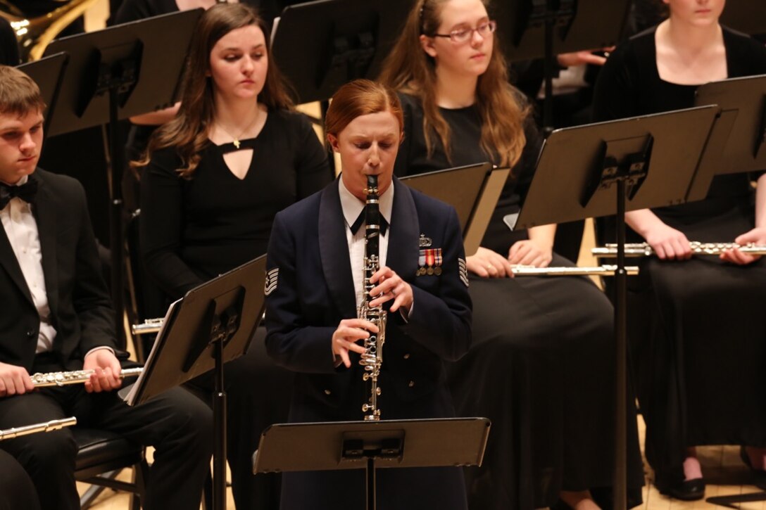 Technical Sgt. Kristin Bowers solos on the challenging piece "Black Dog"
earlier this year. Bowers performed as a guest soloist at Carnegie Hall with
her high school band. (U.S. Air Force photo/released)