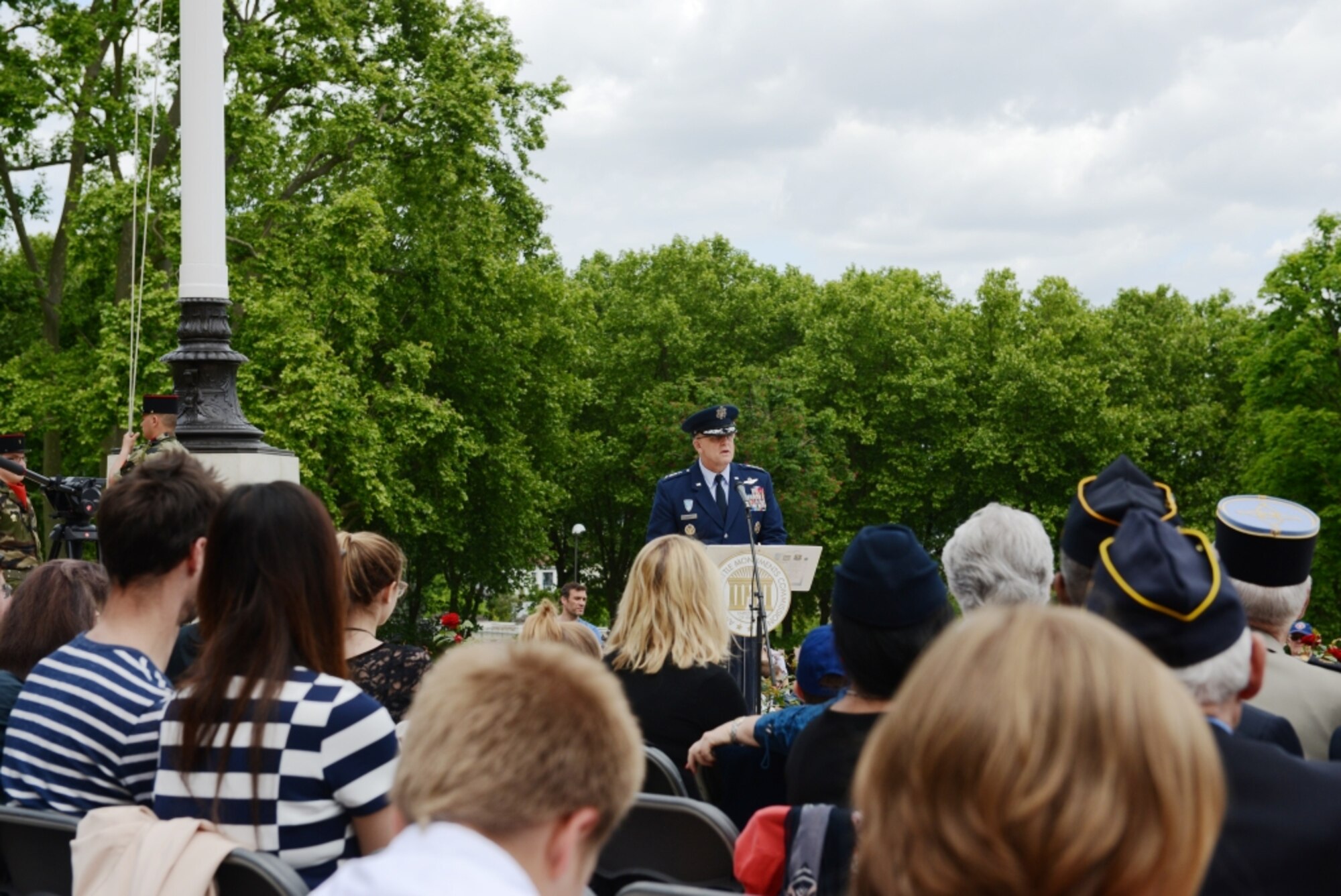 Gen. Frank Gorenc, U.S. Air Forces in Europe - Air Forces Africa commander, addresses approximately 200 French and U.S. service members and civilians during a Memorial Day ceremony at Suresnes American Cemetery, near Paris, France, May 24, 2015. The cemetery was first established in 1917 for U.S. soldiers and was officially dedicated by President Woodrow Wilson on Memorial Day in 1919. (U.S. Air Force photo by Maj. Sheryll Klinkel/Released)
