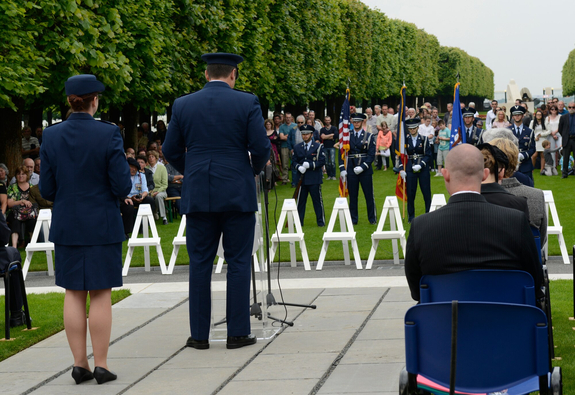Lt. Gen. Tom Jones, U.S. Air Force in Europe and Air Forces Africa vice commander, serves as key speaker during a Memorial Day ceremony May 24, 2015, at St. Mihiel American Cemetery in Thiaucourt, France. The ceremony was one of many held throughout Europe during Memorial weekend to honor the sacrifices of fallen servicemembers. (U.S. Air Force photo/Airman 1st Class Tryphena Mayhugh)