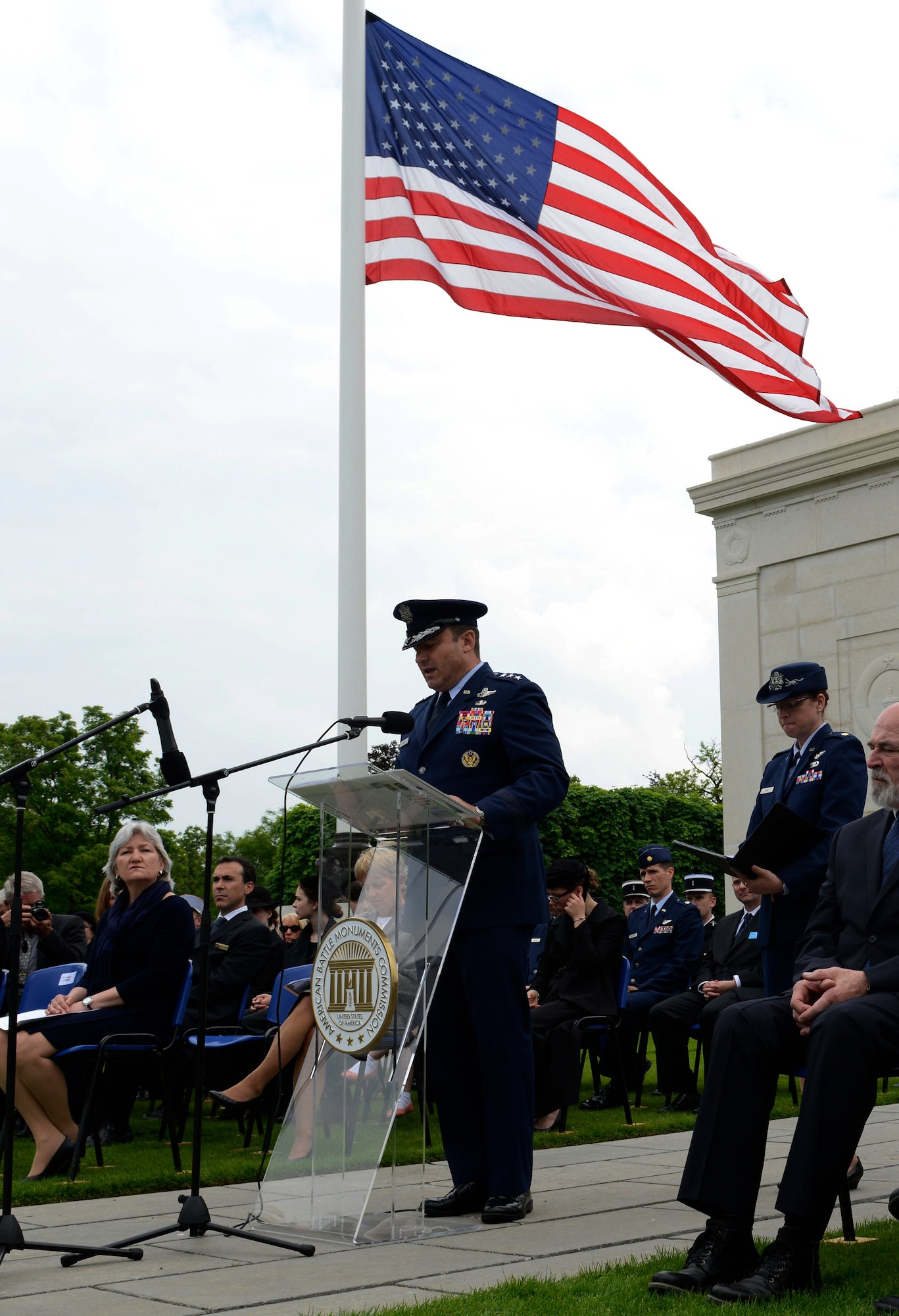 Lt. Gen. Tom Jones, U.S. Air Force in Europe and Air Forces Africa vice commander, serves as key speaker during a Memorial Day ceremony May 24, 2015, at St. Mihiel American Cemetery in Thiaucourt, France. The ceremony was one of many held throughout Europe during Memorial weekend to honor the sacrifices of fallen servicemembers. (U.S. Air Force photo/Airman 1st Class Tryphena Mayhugh)