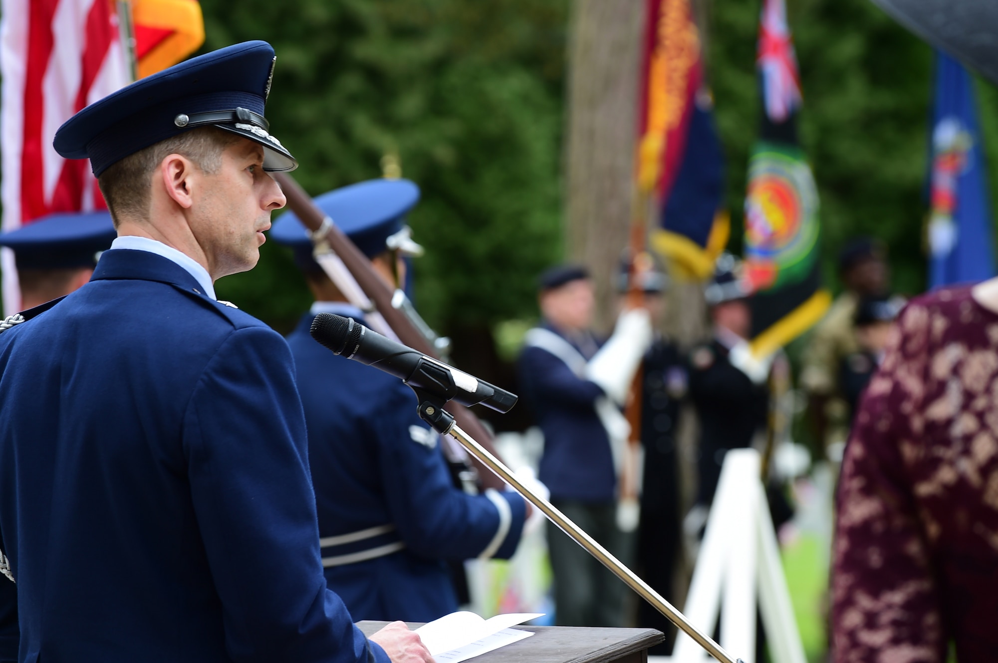 U.S. Air Force Brig. Gen. Dieter Bareihs, defense attaché at the U.S. Embassy in London, speaks to those who have come to honor U.S. Service members killed in World War I during a Memorial Day Ceremony at Brookwood Military Cemetery, United Kingdom, May 24, 2015. The cemetery is the final resting place of 468 American Service members who gave their lives during World War I. (U.S. Air Force photo by Tech. Sgt. Chrissy Best/Released)