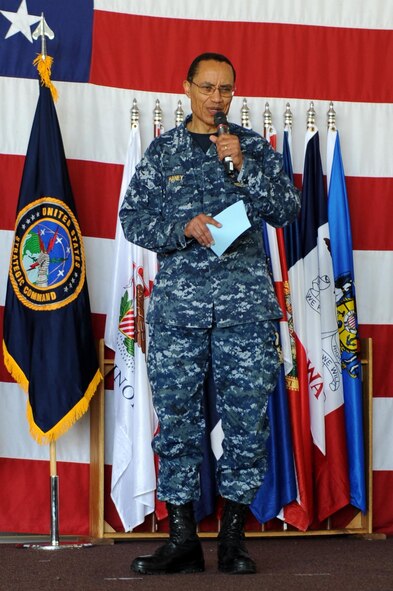 U.S. Navy Adm. Cecil D. Haney, U.S. Strategic Command commander, provides the keynote speech before presenting Omaha Trophies to the 5th Bomb Wing, strategic aircraft operations category, and 91st Missile Wing, intercontinental ballistic missile wing category, on Minot Air Force Base, N.D., May 20, 2015. Minot is home to two of the four Omaha Trophy-winning units for 2014, which joined winners in the ballistic missile submarine and global operations (space/cyberspace) unit categories. Those receiving the awards represent units throughout USSTRATCOM which are critical to fulfilling the combatant command's primary mission: to detect, deter and prevent strategic attacks against the United States and its allies. USSTRATCOM is one of nine unified commands under the Department of Defense and is responsible for strategic deterrence; space operations; cyberspace operations; joint electronic warfare; global strike; missile defense; intelligence, surveillance and reconnaissance; combating weapons of mass destruction; and analysis and targeting.  (U.S. Air Force photo/Senior Airman Kristoffer Kaubisch)