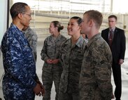 U.S. Navy Adm. Cecil D. Haney (left), U.S. Strategic Command commander, speaks with Airmen from Team Minot after presenting Omaha Trophies to the 5th Bomb Wing, strategic aircraft operations category, and 91st Missile Wing, intercontinental ballistic missile wing category, on Minot Air Force Base, N.D., May 20, 2015. Minot is home to two of the four Omaha Trophy-winning units for 2014, which joined winners in the ballistic missile submarine and global operations (space/cyberspace) unit categories. Those receiving the awards represent units throughout USSTRATCOM which are critical to fulfilling the combatant command's primary mission: to detect, deter and prevent strategic attacks against the United States and its allies. USSTRATCOM is one of nine unified commands under the Department of Defense and is responsible for strategic deterrence; space operations; cyberspace operations; joint electronic warfare; global strike; missile defense; intelligence, surveillance and reconnaissance; combating weapons of mass destruction; and analysis and targeting.  (U.S. Air Force photo/Senior Airman Kristoffer Kaubisch)