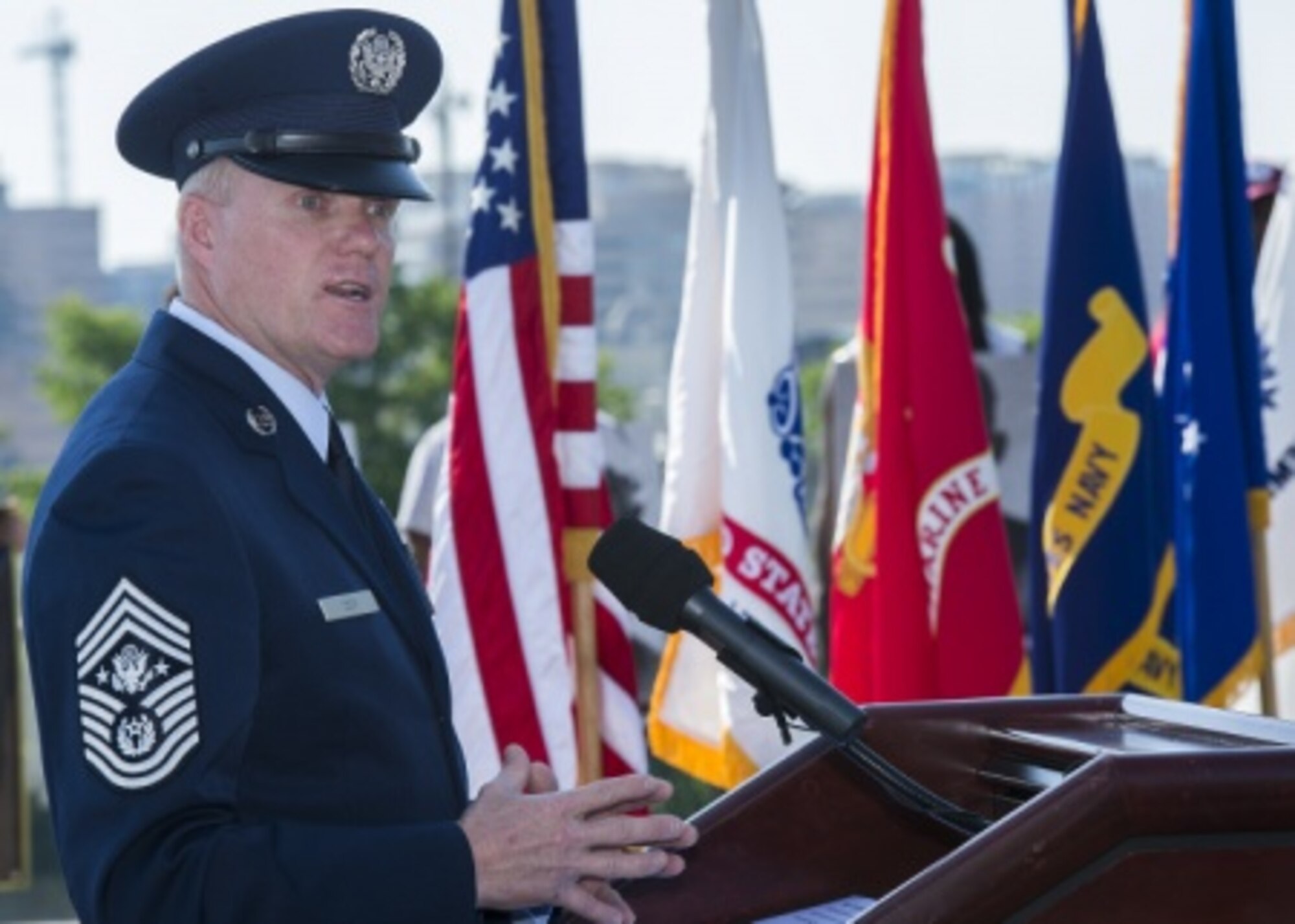 Chief Master Sgt. of the Air Force James A. Cody provided the keynote speech during a Memorial Day wreath-laying ceremony held at the Air Force Memorial in Arlington, Va., May 25, 2015.  (U.S. Air Force photo/Jim Varhegyi)