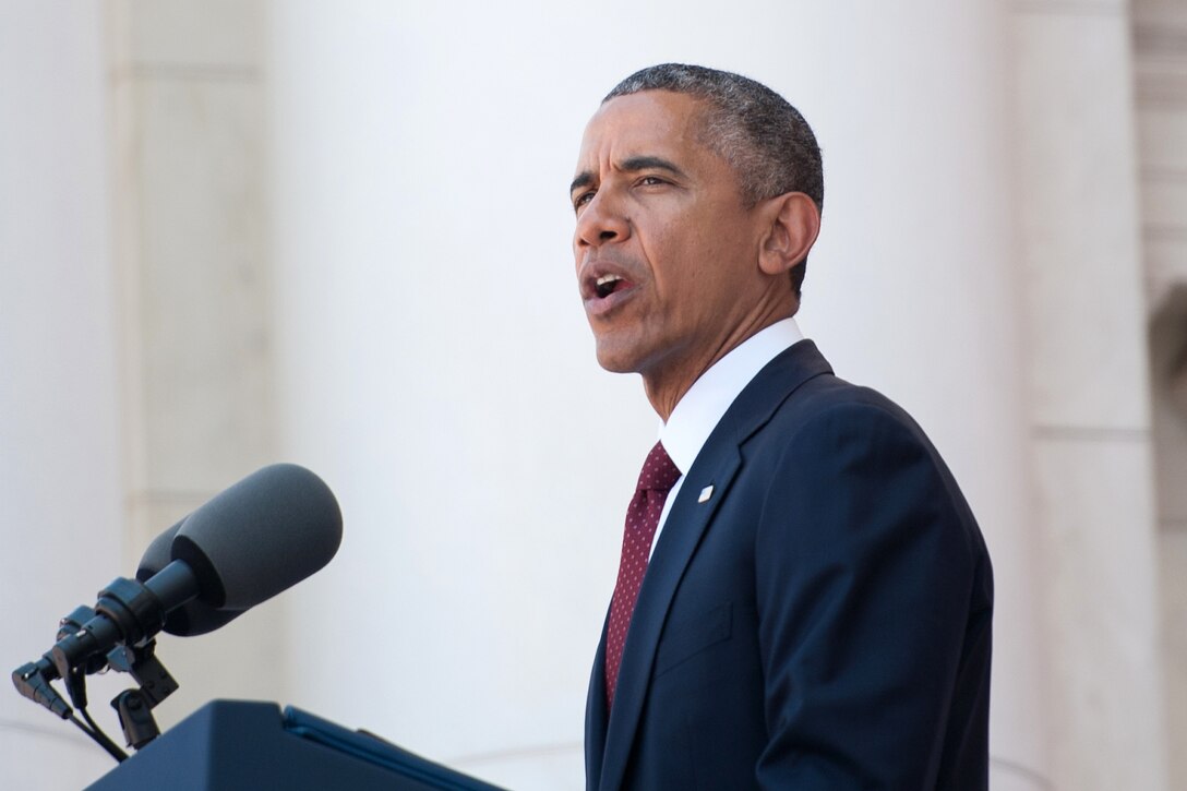 President Barack Obama delivers a Memorial Day address at Arlington National Cemetery in Arlington, Va., May 25, 2015.