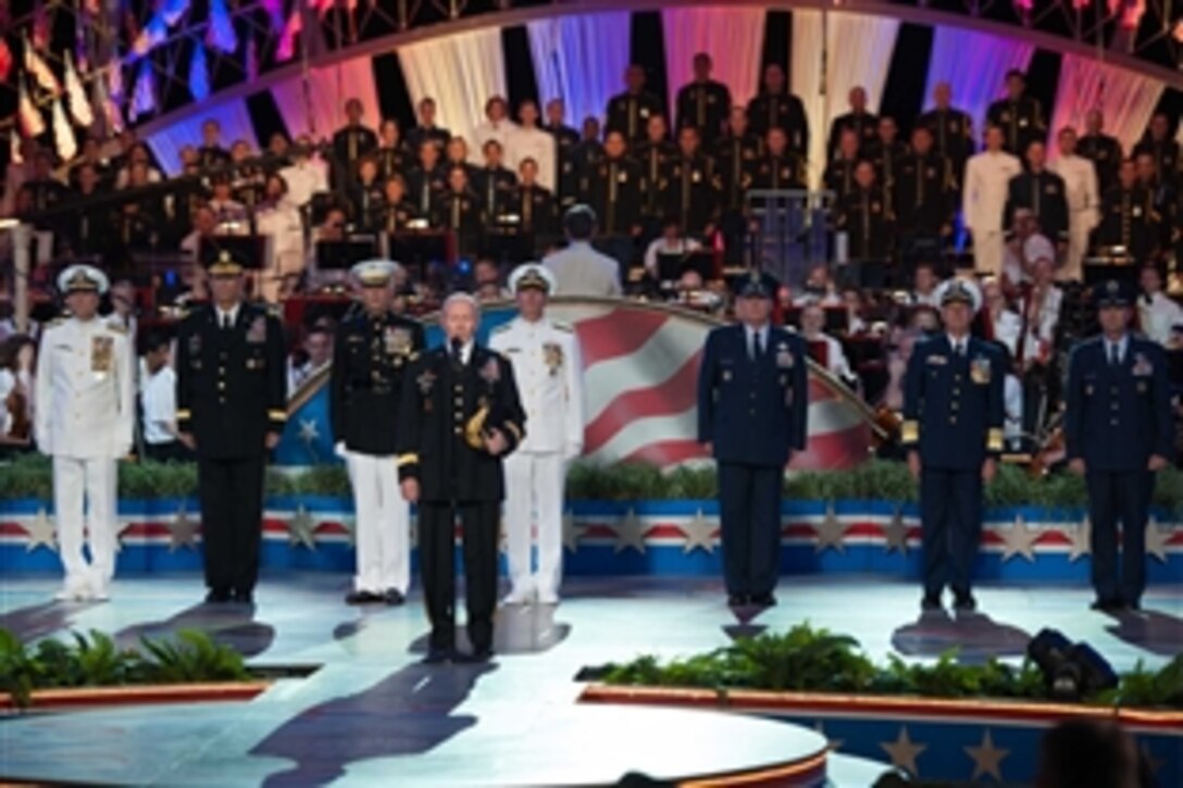Army Gen. Martin E. Dempsey, chairman of the Joint Chiefs of Staff, and senior military representatives from each service speak at the 26th National Memorial Day Concert at the U.S. Capitol in Washington, D.C., May 24, 2015. The concert included musical performances, documentary footage and dramatic readings to honor the fallen and comfort the grieving. 