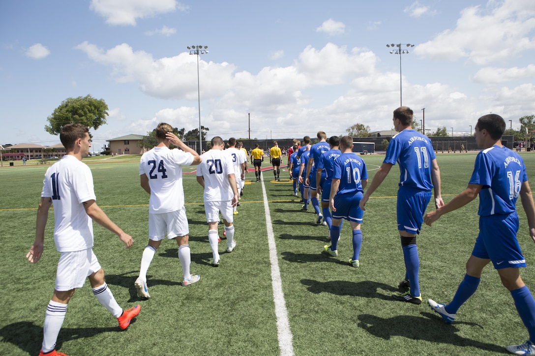 U.S. Armed Forces men's soccer teams compete in the 2015 Armed Forces Men's Soccer Championship at the Miramar Sports Complex aboard Marine Corps Air Station Miramar, San Diego, Calif., May 14, 2015. The Armed Forces Champions are conducted by the Armed Forces Sports Council for the purpose of promoting understanding, good will and competition among the Armed Forces. (U.S. Marine Corps photo by Lance Cpl. Travis Jordan/Released)