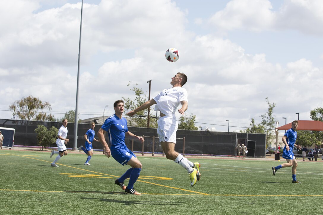 U.S. Armed Forces men's soccer teams compete in the 2015 Armed Forces Men's Soccer Championship at the Miramar Sports Complex aboard Marine Corps Air Station Miramar, San Diego, Calif., May 14, 2015. The Armed Forces Champions are conducted by the Armed Forces Sports Council for the purpose of promoting understanding, good will and competition among the Armed Forces. (U.S. Marine Corps photo by Lance Cpl. Travis Jordan/Released)