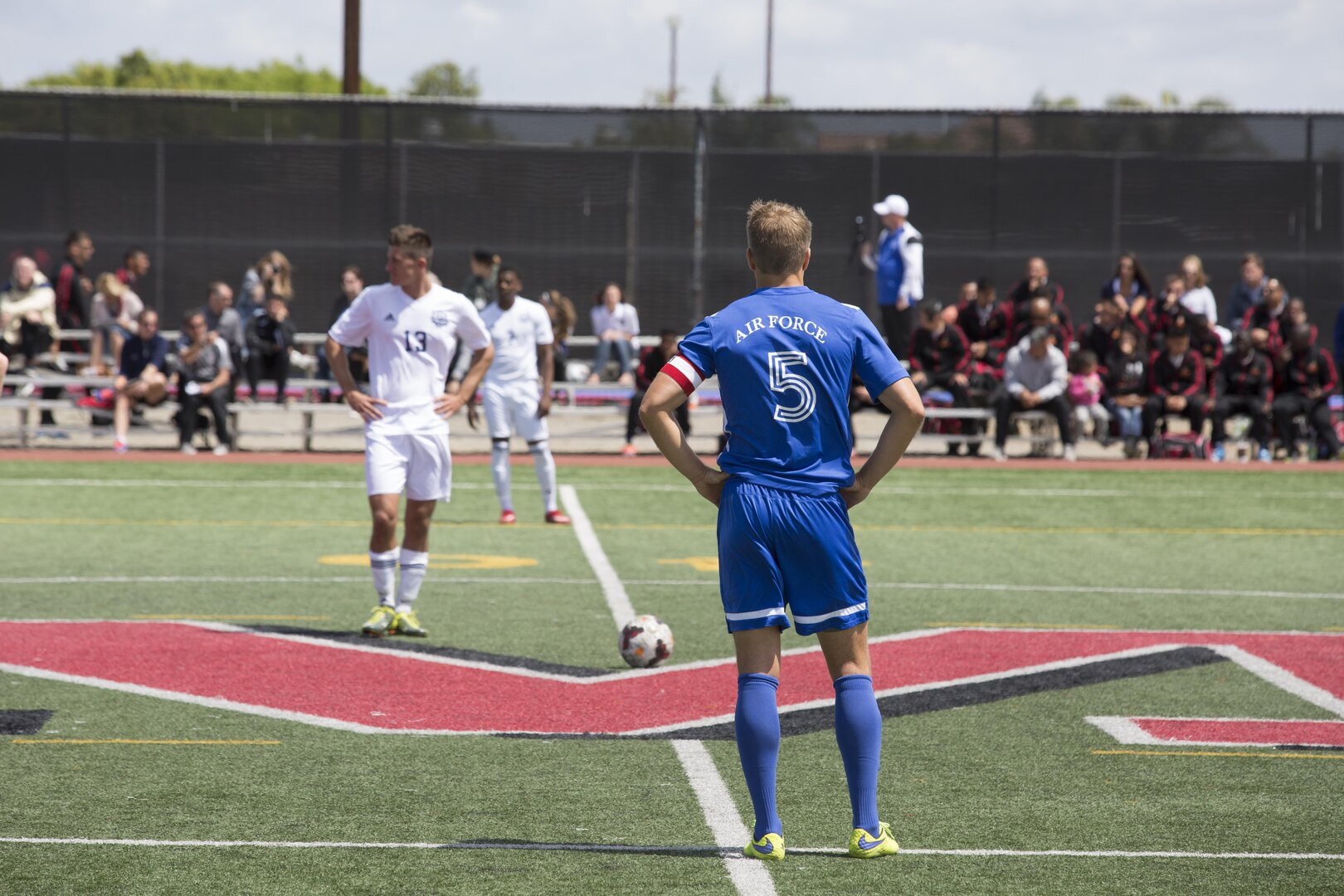 U.S. Armed Forces men's soccer teams compete in the 2015 Armed Forces Mens Soccer Championship at the Miramar Sports Complex aboard Marine Corps Air Station Miramar, San Diego, Calif., May 14, 2015. The Armed Forces Champions are conducted by the Armed Forces Sports Council for the purpose of promoting understanding, good will and competition among the Armed Forces. (U.S. Marine Corps photo by Lance Cpl. Travis Jordan/Released)