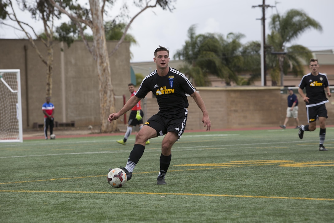 U.S. Armed Forces men's soccer teams compete in the 2015 Armed Forces Men's Soccer Championship at the Miramar Sports Complex aboard Marine Corps Air Station Miramar, San Diego, Calif., May 14, 2015. The Armed Forces Champions are conducted by the Armed Forces Sports Council for the purpose of promoting understanding, good will and competition among the Armed Forces. (U.S. Marine Corps photo by Lance Cpl. Travis Jordan/Released)