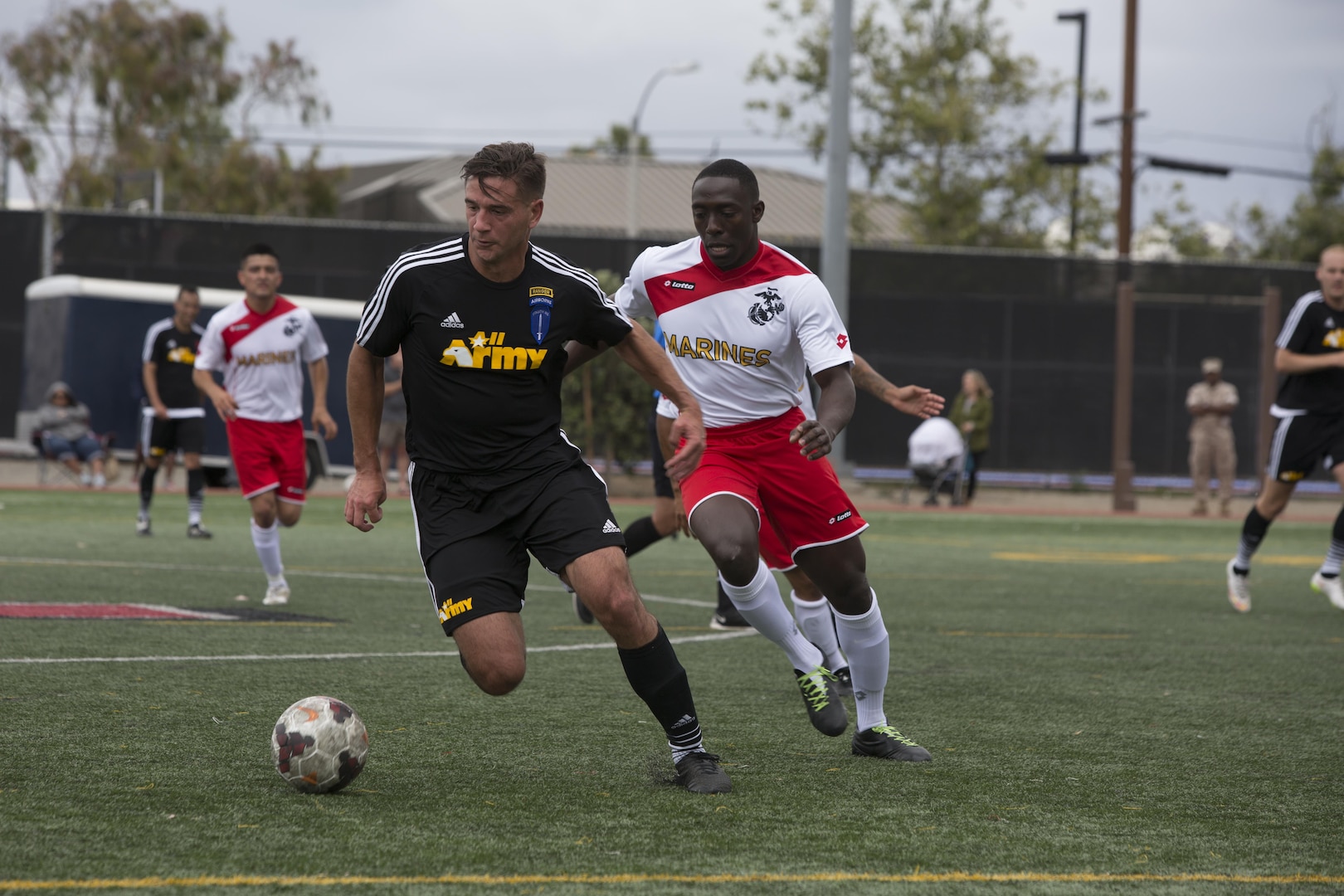 U.S. Armed Forces men's soccer teams compete in the 2015 Armed Forces Men's Soccer Championship at the Miramar Sports Complex aboard Marine Corps Air Station Miramar, San Diego, Calif., May 14, 2015. The Armed Forces Champions are conducted by the Armed Forces Sports Council for the purpose of promoting understanding, good will and competition among the Armed Forces. (U.S. Marine Corps photo by Lance Cpl. Travis Jordan/Released)