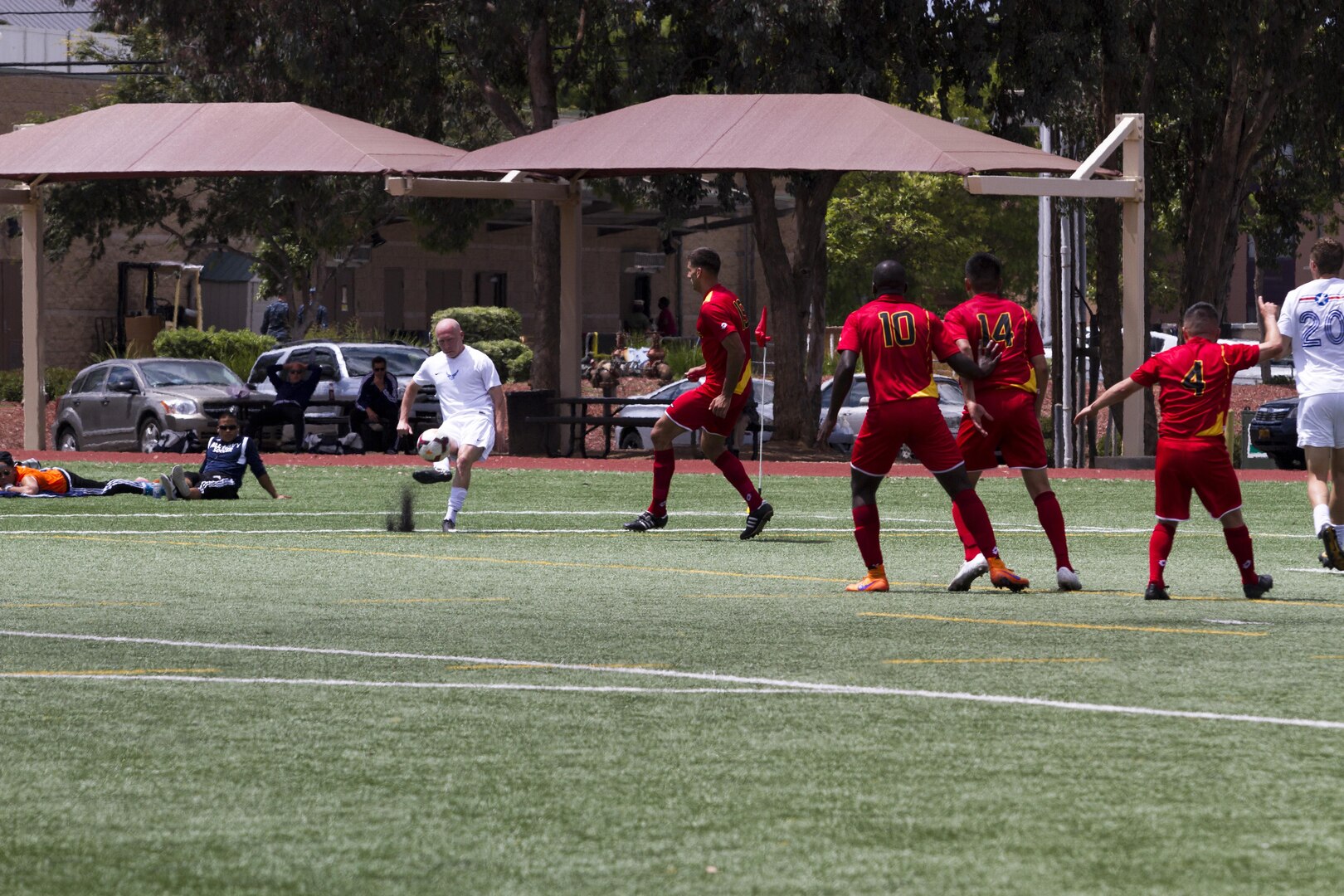 Members of the All-Marine soccer team prepare to defend against members of the Air Force soccer team May 18 during the 2015 Armed Forces Soccer Championship at Marine Corps Air Station Miramar, Calif. The final matches for the championship are slated for May 20.