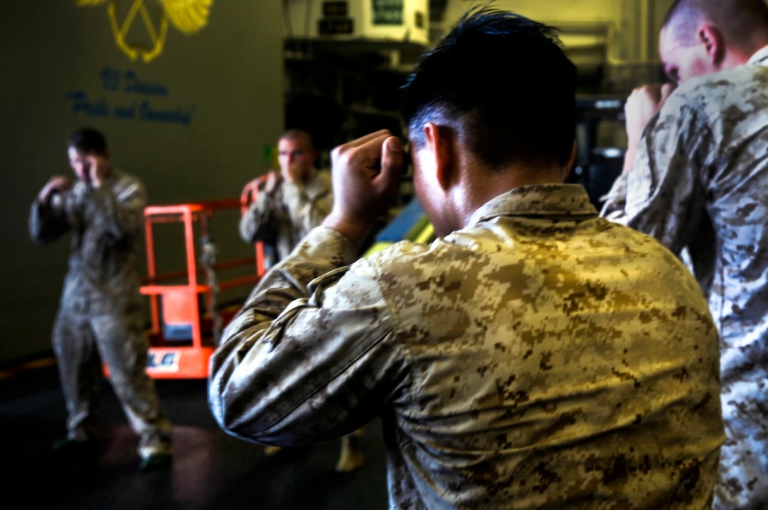 U.S. Marines with the 15th Marine Expeditionary Unit practice Marine Corps Martial Arts Program drills in the hangar bay of the USS Essex (LHD 2) at sea in the Pacific Ocean, May 23, 2015. The Marines and Sailors are working toward their next MCMAP level belt during their seven-month deployment through the Pacific and Central command areas. (U.S. Marine Corps photo by Cpl. Elize McKelvey/Released)