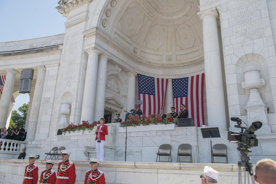 President Barack Obama delivers remarks during a Memorial Day Ceremony at the Arlington National Cemetery Amphitheater in Arlington, Va., May 25, 2015. (Photo by Master Sgt. Adrian Cadiz)(Released)