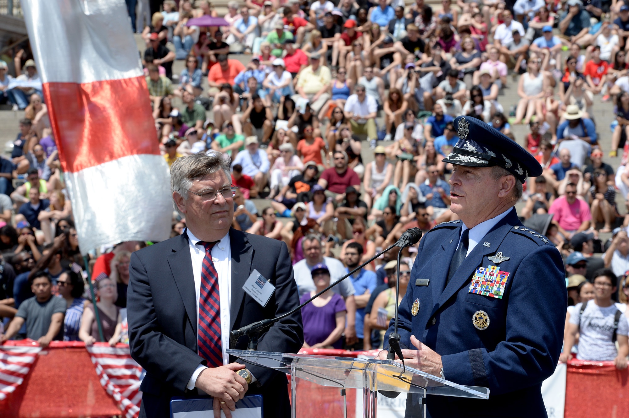 Air Force Chief of Staff Gen. Mark A. Welsh III kicks off the National Memorial Day Parade with Jim Roberts, the American Veterans Center president, in Washington, D.C., May 25, 2015. The National Memorial Day Parade was launched in 2005 by the American Veterans Center in Washington. Welsh also honored American veterans by attending a wreath-laying ceremony in Arlington National Cemetery. (U.S. Air Force photo/Scott M. Ash)