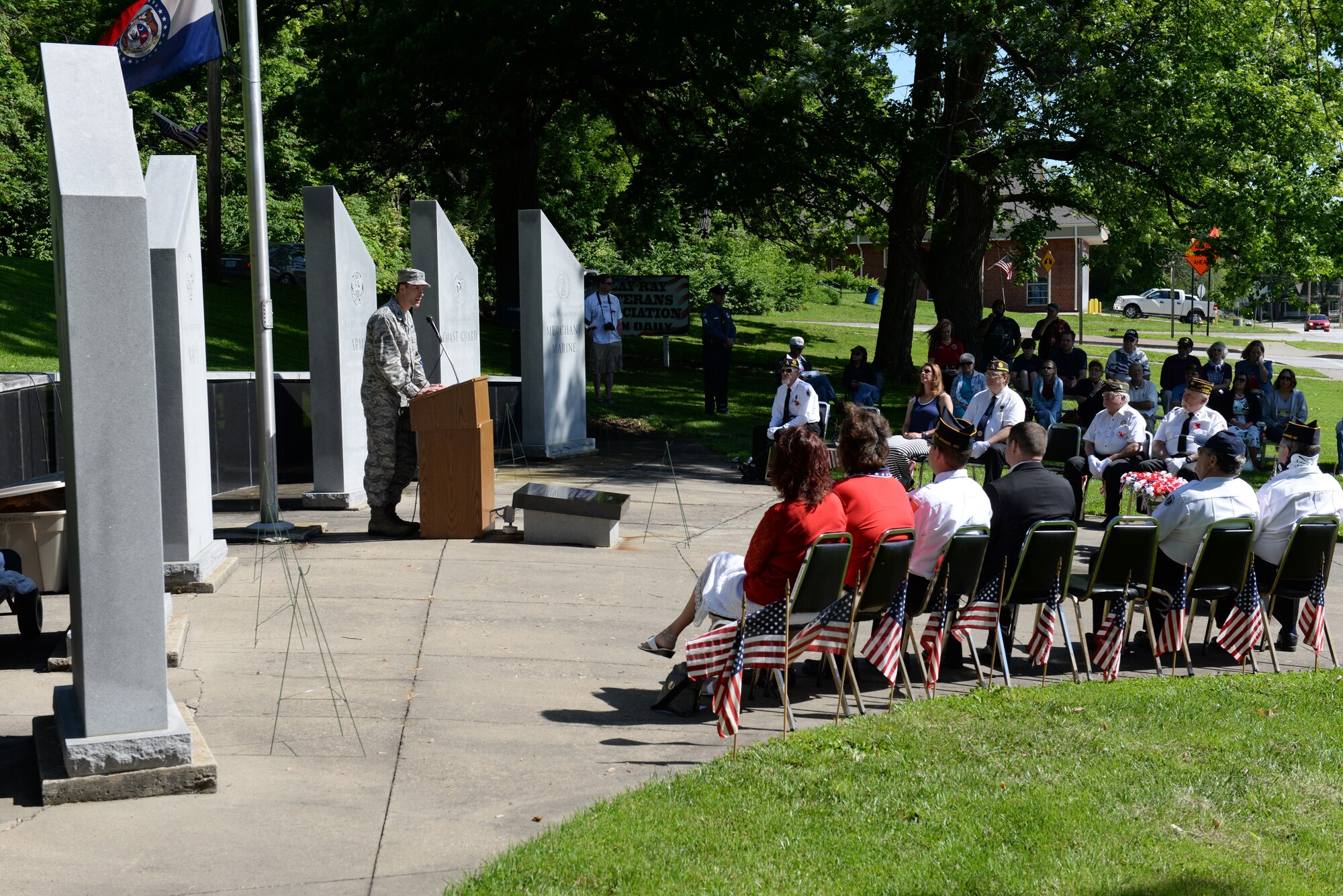 U.S. Air Force Col. Matthew Brooks, 509th Bomb Wing vice commander from Whiteman Air Force Base, speaks at the annual Memorial Day service in Excelsior Springs, Mo. May 25, 2015. The event honored men and women from all military services who gave their lives in the service of their country. (U.S. Air Force Photo by Master Sgt. Christopher Gish/Released)