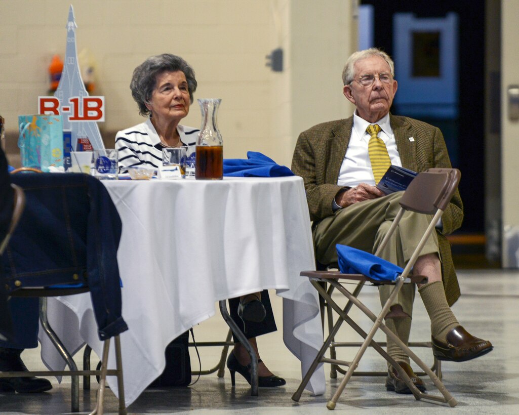 Marian Reeder and Fred Hughes sit during the B-1B 30th Anniversary Dinner May 1, 2015, at Dyess Air Force Base, Texas. Hughes was the chairman of the Abilene Chamber of Commerce Military Affairs committee at the time of the B-1’s arrival in Abilene on June 29, 1985. (U.S. Air Force photo by Airman 1st Class Kedesha Pennant/Released)