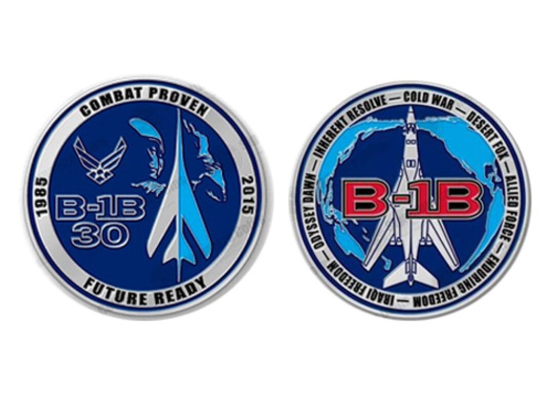 A commemorative coin was developed in celebration of the B-1B Lancer’s 30th anniversary. The theme of the milestone was “combat proven, future ready.” (Courtesy graphic)

