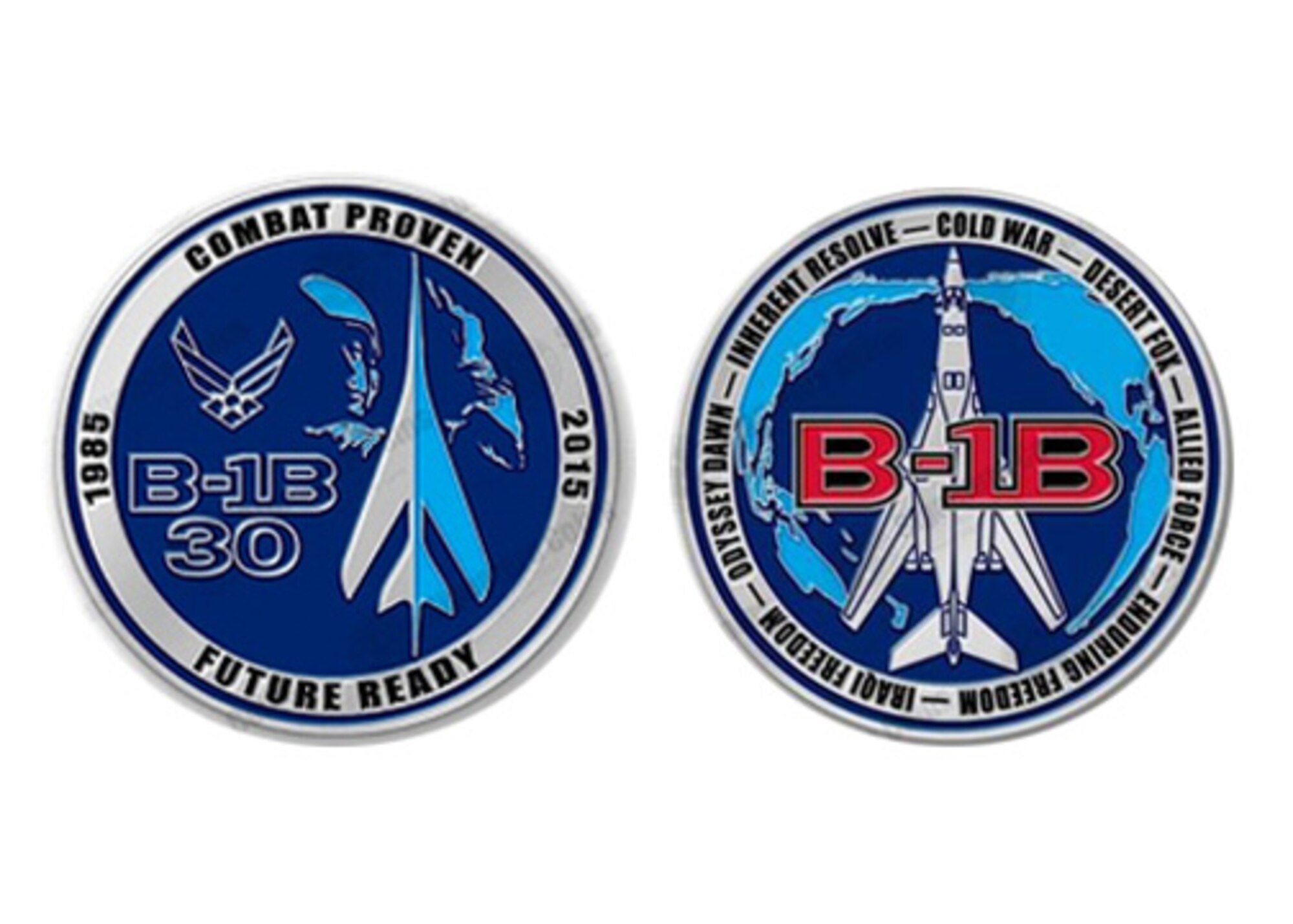 A commemorative coin was developed in celebration of the B-1B Lancer’s 30th anniversary. The theme of the milestone was “combat proven, future ready.” (Courtesy graphic)

