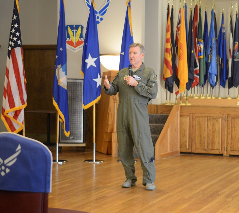 U.S. Air Force Gen. Hawk Carlisle, commander of Air Combat Command, speaks at the B-1B 30th Anniversary Symposium May 1, 2015, at Dyess Air Force Base, Texas.  While speaking at the symposium, Carlisle talked about the history of the B-1 and how it continues to evolve to accomplish the present mission. Carlisle also emphasized the accomplishments of the B-1 during its last deployment. (U.S. Air Force photo by Airman 1st Class Autumn Velez/Released)