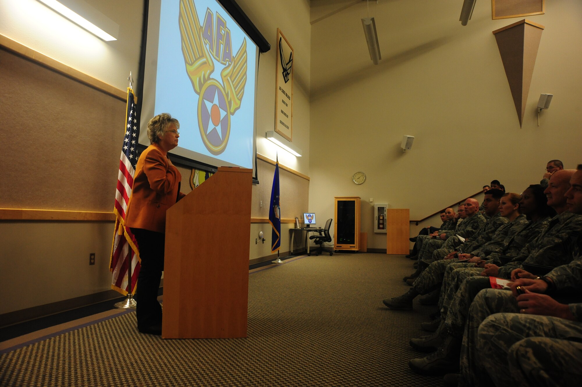 Wanda Brown, a Missouri State Representative, speaks about leadership to members of Team Whiteman March 24, 2015, at Whiteman Air Force Base, Mo. More than 100 Airmen were in attendance for the seminar. (U.S. Air Force photo by Airman 1st Class Jovan Banks/Released)