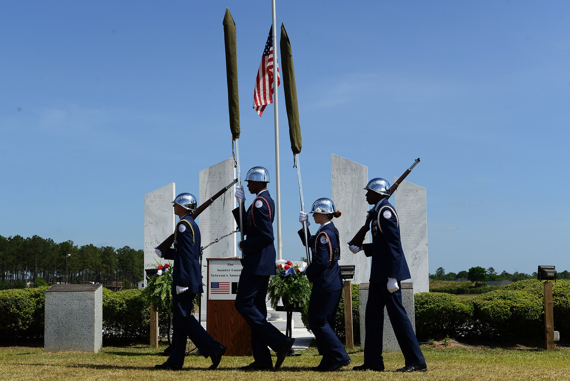 Junior Reserve Officers’ Training Corps cadets practice the presentation of colors before a Memorial Day ceremony at the Mabry Memorial in Sumter, South Carolina, May 25, 2015. Participating and assisting in the ceremony were the Lakewood High School, Crestwood High School, and Sumter High School JROTC cadets. (U.S. Air Force photo by Senior Airman Diana M. Cossaboom/Released)