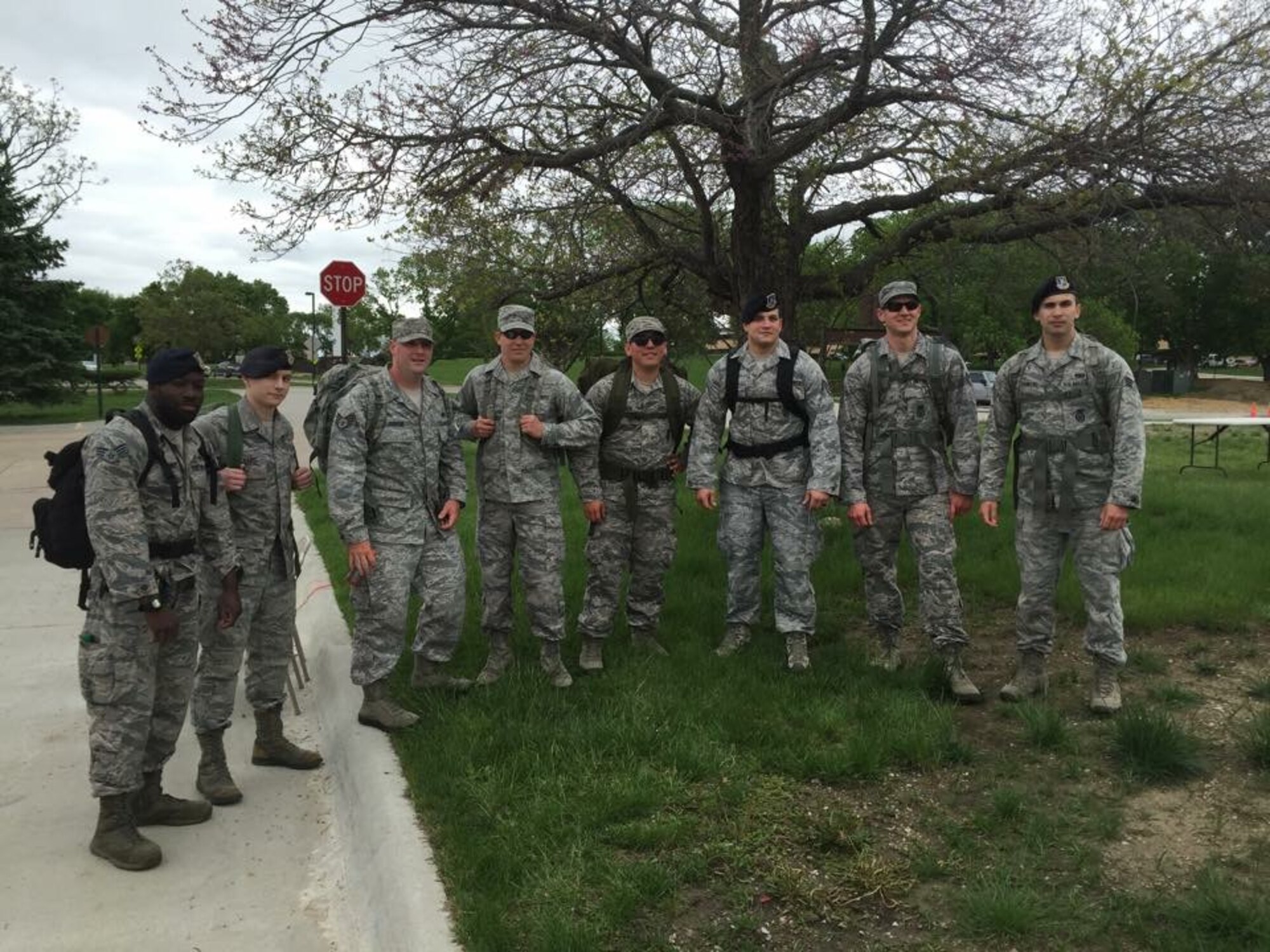 Members of the 55th Security Forces Squadron prepare for a ruck march May 11 at Offutt Air Force Base, Nebraska as part of Police Week. Police Week began in 1962 as a way to honor law enforcement officers who have died in the line of duty. (U.S. Air Force courtesy photo)